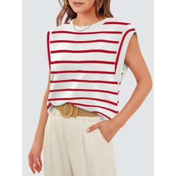 WIHOLL Women's T-Shirts Red and White Striped Tshirts Short Sleeve Basic Tee Summer Outfits Cute Flowy Sleeveless Tops Cruise Beach Vacation Clothes M