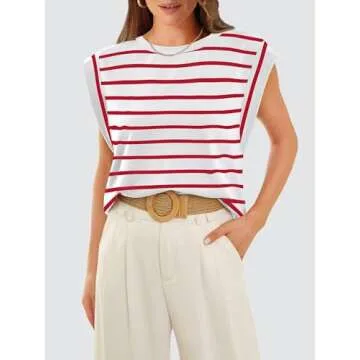 WIHOLL Women's T-Shirts Red and White Striped Tshirts Short Sleeve Basic Tee Summer Outfits Cute Flowy Sleeveless Tops Cruise Beach Vacation Clothes M