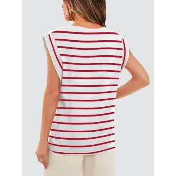 WIHOLL Women's T-Shirts Red and White Striped Tshirts Short Sleeve Basic Tee Summer Outfits Cute Flowy Sleeveless Tops Cruise Beach Vacation Clothes M