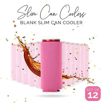 Slim Can Cooler Sleeves 12 Pack– Blank Foldable Neoprene 12oz Can Insulators – Skinny Beverage Coolers for Beer & Soda – Sublimation-Ready (Pink)