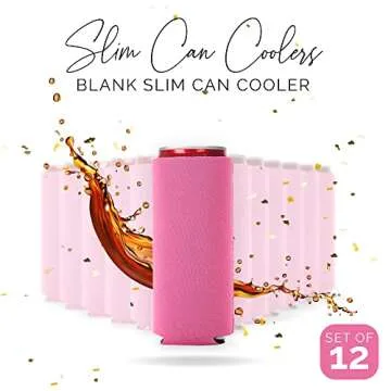 Slim Can Cooler Sleeves 12 Pack– Blank Foldable Neoprene 12oz Can Insulators – Skinny Beverage Coolers for Beer & Soda – Sublimation-Ready (Pink)