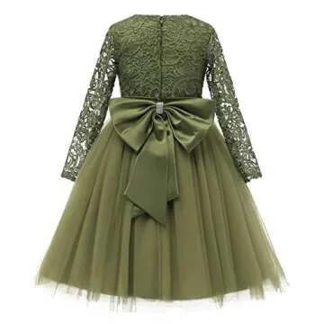 Flower Girl Dress Long Sleeves Lace Top Tulle Skirt Girls Lace Party Dresses (Size 6,Olive)