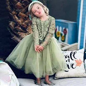 Flower Girl Dress Long Sleeves Lace Top Tulle Skirt Girls Lace Party Dresses (Size 6,Olive)