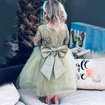 Flower Girl Dress Long Sleeves Lace Top Tulle Skirt Girls Lace Party Dresses (Size 6,Olive)