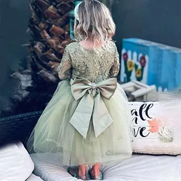 Flower Girl Dress Long Sleeves Lace Top Tulle Skirt Girls Lace Party Dresses (Size 6,Olive)