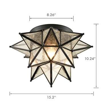 JEENKAE Boho Moroccan Moravian Star Flush Mount Ceiling Light Black, Seeded Glass Shade, 15-inch