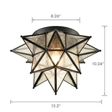 JEENKAE Boho Moroccan Moravian Star Flush Mount Ceiling Light Black, Seeded Glass Shade, 15-inch