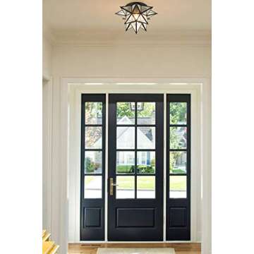 JEENKAE Boho Moroccan Moravian Star Flush Mount Ceiling Light Black, Seeded Glass Shade, 15-inch