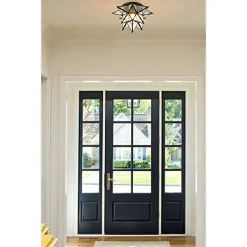 JEENKAE Boho Moroccan Moravian Star Flush Mount Ceiling Light Black, Seeded Glass Shade, 15-inch