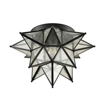 JEENKAE Boho Moroccan Moravian Star Flush Mount Ceiling Light Black, Seeded Glass Shade, 15-inch