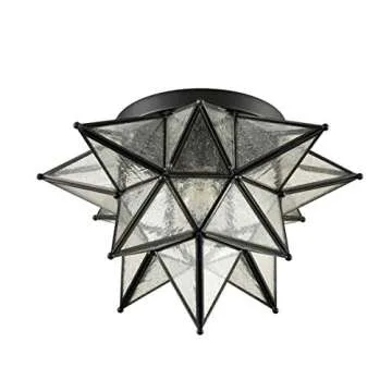 JEENKAE Boho Moroccan Moravian Star Flush Mount Ceiling Light Black, Seeded Glass Shade, 15-inch