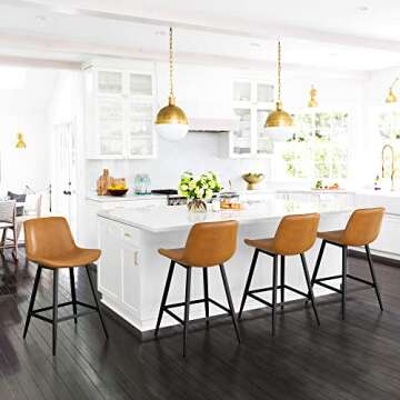 Cozyman 24 inch Counter Stool, Modern Bucket Barstool Set of 3, Barstools with Back and Footrest, Faux Leather Bar Stools for Kitchen Island Restaurants, Whiskey Brown