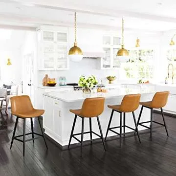 Cozyman 24 inch Counter Stool, Modern Bucket Barstool Set of 3, Barstools with Back and Footrest, Faux Leather Bar Stools for Kitchen Island Restaurants, Whiskey Brown