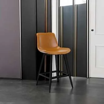 Cozyman 24 inch Counter Stool, Modern Bucket Barstool Set of 3, Barstools with Back and Footrest, Faux Leather Bar Stools for Kitchen Island Restaurants, Whiskey Brown