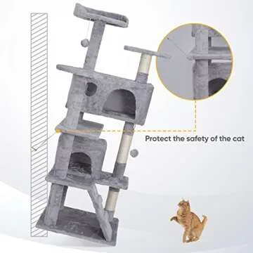 ZENY 54 inches Cat Tree with Sisal-Covered Scratching Posts and 2 Plush Rooms Cat Furniture for Kittens (Light Gray)