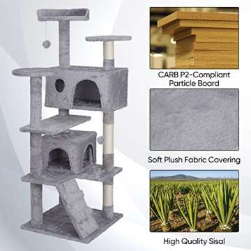 ZENY 54 inches Cat Tree with Sisal-Covered Scratching Posts and 2 Plush Rooms Cat Furniture for Kittens (Light Gray)