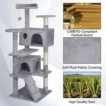ZENY 54 inches Cat Tree with Sisal-Covered Scratching Posts and 2 Plush Rooms Cat Furniture for Kittens (Light Gray)