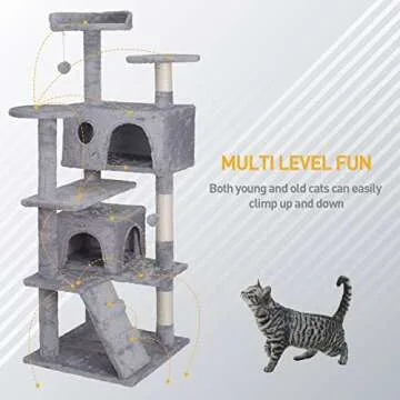ZENY 54 inches Cat Tree with Sisal-Covered Scratching Posts and 2 Plush Rooms Cat Furniture for Kittens (Light Gray)