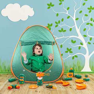 PicassoTiles PTC20 20 Piece Camping Gear Tools Adventure Set Including Walkie Talkie, Camping Tent, Binoculars, Watch, Compass & Whistle, Stove, and Other Camp Tools