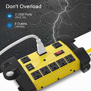 Heavy Duty Power Strip with USB, Workshop 8 Outlet Surge Protector 2700 Joules, Industrial Metal 15Amp Power Strip, 6FT Extension Cord and Wide Spaced. Yellow