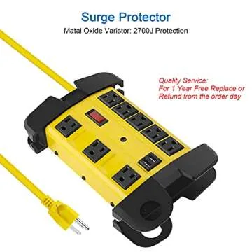 Heavy Duty Power Strip with USB, Workshop 8 Outlet Surge Protector 2700 Joules, Industrial Metal 15Amp Power Strip, 6FT Extension Cord and Wide Spaced. Yellow