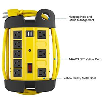 Heavy Duty Power Strip with USB, Workshop 8 Outlet Surge Protector 2700 Joules, Industrial Metal 15Amp Power Strip, 6FT Extension Cord and Wide Spaced. Yellow