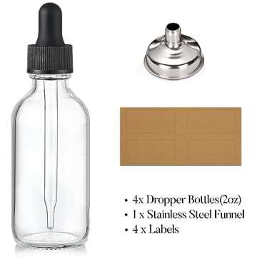 4 Pcs, 2 oz Clear Eye Dropper Bottles with 1 Stainless Steel Funnels & 4 Labels - Black Caps 60ml Th...