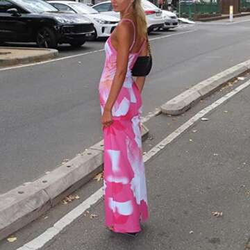 Women Sleeveless Maxi Dress Backless Bodycon Floral Printed Spaghetti Strap Long Dress Vintage Clubwear Summer(P-Pink, M)