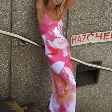 Women Sleeveless Maxi Dress Backless Bodycon Floral Printed Spaghetti Strap Long Dress Vintage Clubwear Summer(P-Pink, M)