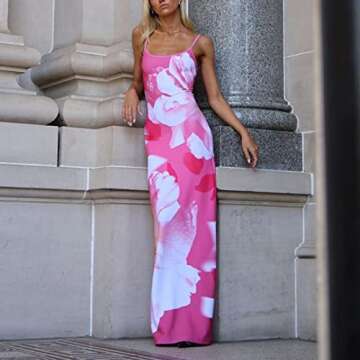 Women Sleeveless Maxi Dress Backless Bodycon Floral Printed Spaghetti Strap Long Dress Vintage Clubwear Summer(P-Pink, M)