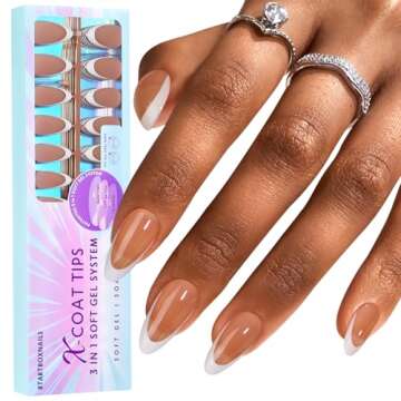 French Tip Gel Nail Tips - BTArtboxnails Modern French Tip Press On Nails Medium, Brown Almond XCOATTIPS Fake Nails, Pre-applied Tip Primer & Base Coat No Need File False Nails for DIY