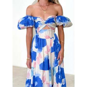 Women Summer Dresses V-Neck Floral Long Dress Casual Puff Sleeve Square Neck Floral Formal Dress(M, Dark Blue)