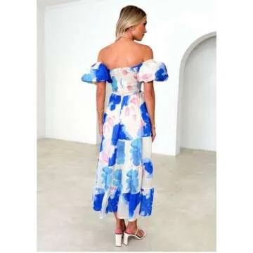 Women Summer Dresses V-Neck Floral Long Dress Casual Puff Sleeve Square Neck Floral Formal Dress(M, Dark Blue)