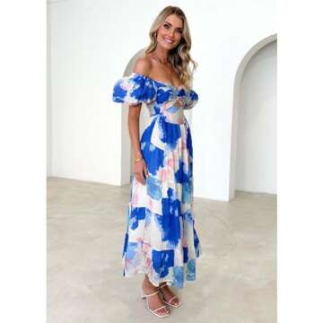 Women Summer Dresses V-Neck Floral Long Dress Casual Puff Sleeve Square Neck Floral Formal Dress(M, Dark Blue)