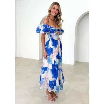 Women Summer Dresses V-Neck Floral Long Dress Casual Puff Sleeve Square Neck Floral Formal Dress(M, Dark Blue)