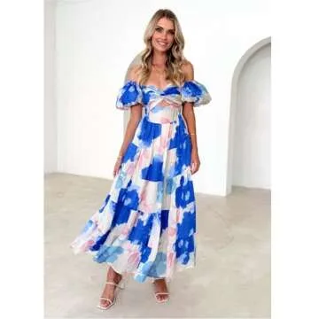 Women Summer Dresses V-Neck Floral Long Dress Casual Puff Sleeve Square Neck Floral Formal Dress(M, Dark Blue)