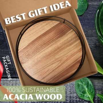 12" Acacia Wood Lazy Susan Turntable, Tomoaza Kitchen Organizer Turntable with Steel Sides, 360 Degr...