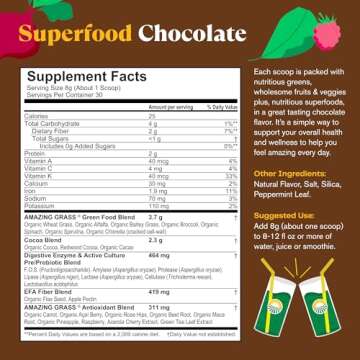 Amazing Grass Greens Superfood Powder: Greens Powder with Digestive Enzymes & Probiotics, Organic Spirulina, Chlorella, and Beet Root Powder, Chocolate, 30 Servings