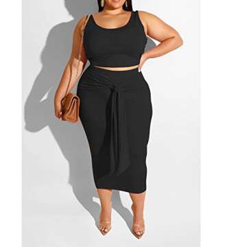 IyMoo Womens Sexy Plus Size Tie Dye Print Tanks Crop Top Bandage Bodycon 2 Pieces Long Midi Pencil Dresses Outfits Skirt Set Black Solid 2XL