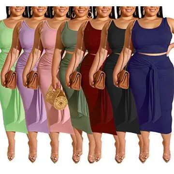 IyMoo Womens Sexy Plus Size Tie Dye Print Tanks Crop Top Bandage Bodycon 2 Pieces Long Midi Pencil Dresses Outfits Skirt Set Black Solid 2XL