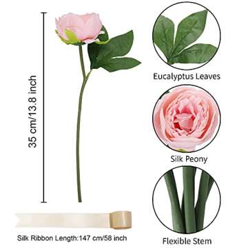 Artificial Peony Silk Flowers, 8 Pcs Pink Peonies Faux Flowers Bouquet with 59" Ribbon and Lush Leav...