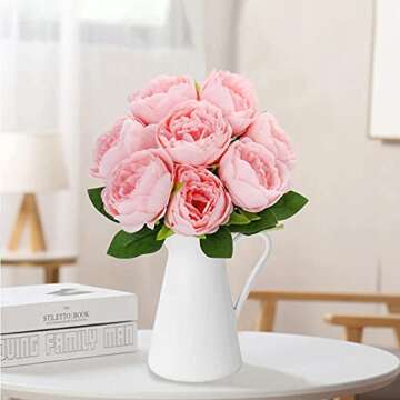Artificial Peony Silk Flowers, 8 Pcs Pink Peonies Faux Flowers Bouquet with 59" Ribbon and Lush Leaves, Fake Peony Flowers for Vase Floral Arrangements Home Indoor Bridal Wedding Party DIY Decoration