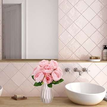 Artificial Peony Silk Flowers, 8 Pcs Pink Peonies Faux Flowers Bouquet with 59" Ribbon and Lush Leaves, Fake Peony Flowers for Vase Floral Arrangements Home Indoor Bridal Wedding Party DIY Decoration