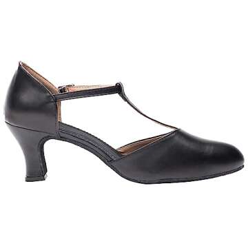 Joocare Women Black Leather T-Strap Latin Ballroom Dance Shoes Ladies Modern Tango Salsa Party Dancing Shoes (8, Black)
