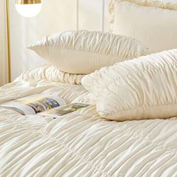 King Size Comforter Set Bedding - Ruched Wheat Comforter King Bed Set Boho Shabby Chic 3 Piece Ruffle Comforter Set With Pillow White Soft and Luxury