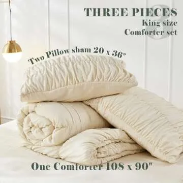 King Size Comforter Set Bedding - Ruched Wheat Comforter King Bed Set Boho Shabby Chic 3 Piece Ruffle Comforter Set With Pillow White Soft and Luxury