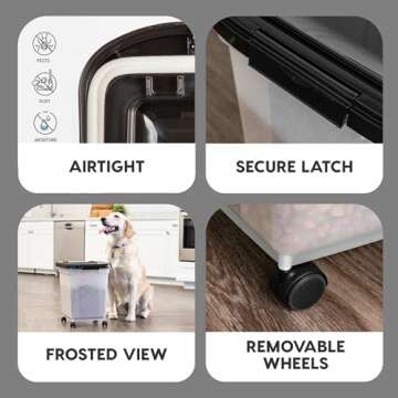 IRIS USA WeatherPro Airtight Dog Food Storage Container, Up to 25 lbs, Removable Wheels, for Dog Cat Bird and Other Pet Food Storage Bin, Keep Fresh, Translucent Body, Pearl/Black