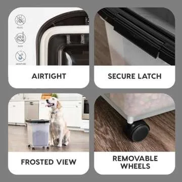 IRIS USA WeatherPro Airtight Dog Food Storage Container, Up to 25 lbs, Removable Wheels, for Dog Cat Bird and Other Pet Food Storage Bin, Keep Fresh, Translucent Body, Pearl/Black