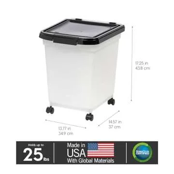 IRIS USA WeatherPro Airtight Dog Food Storage Container, Up to 25 lbs, Removable Wheels, for Dog Cat Bird and Other Pet Food Storage Bin, Keep Fresh, Translucent Body, Pearl/Black