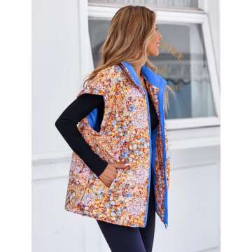 Tankaneo Womens Floral Oversized Puffer Vest Cap Sleeve Winter Warm Puffy Quilted Jackets Coat